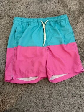 Trinity Coast Men’s Colorblock Swim Trunks - Aqua Blue & Pink - Size M